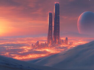 Futuristic city skyline at sunset.