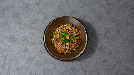 wok noodles dish, pork, chicken, shrimps