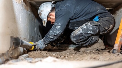 Worker repairing pipes in basement crawl space