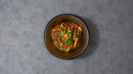 wok noodles dish, pork, chicken, shrimps