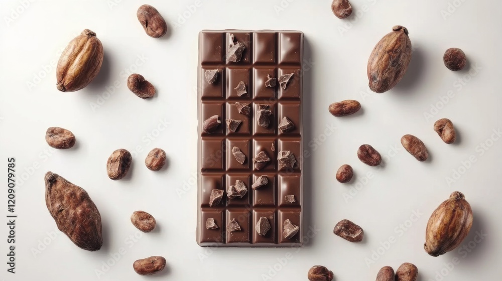 Poster A high-angle view of a chocolate bar broken into pieces, with whole cocoa beans and cocoa pods artfully placed around it for contrast