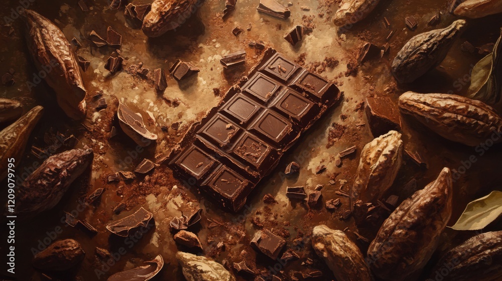 Poster A high-angle view of a chocolate bar broken into pieces, with whole cocoa beans and cocoa pods artfully placed around it for contrast