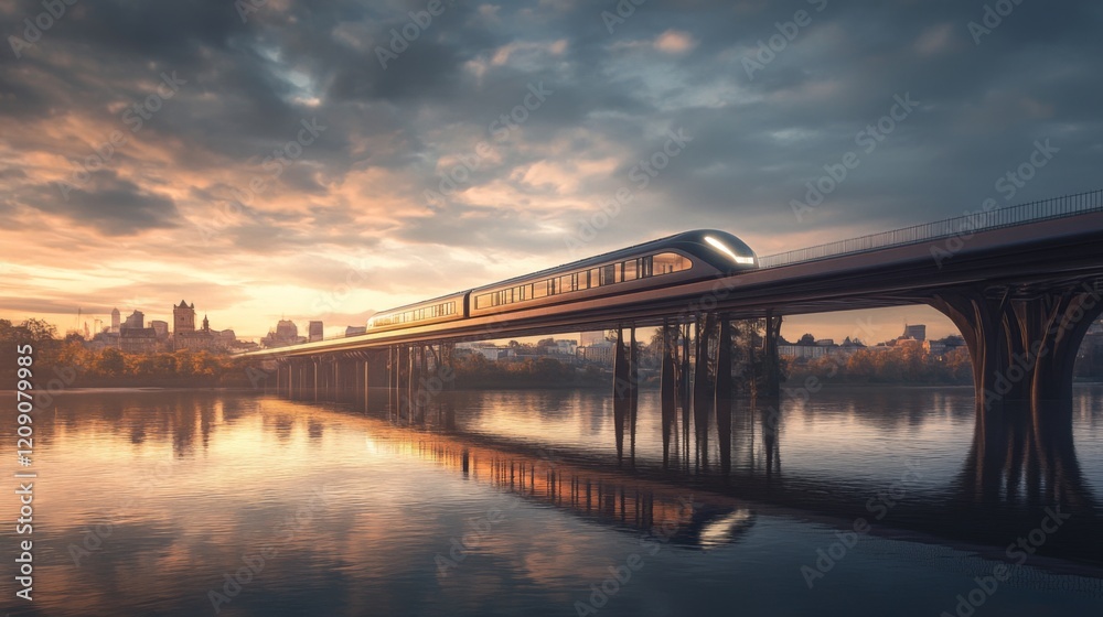 Poster a high-speed train crossing a bridge over a river, with a reflection of the train visible in the wat