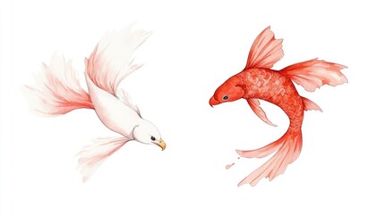 Obraz premium Two gracefully swimming goldfish, one white and one orange, in a serene aquatic environment, showcasing their elegance