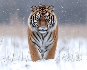 Obraz premium Majestic Siberian tiger standing confidently on a pure white background with sharp stripes and piercing eyes