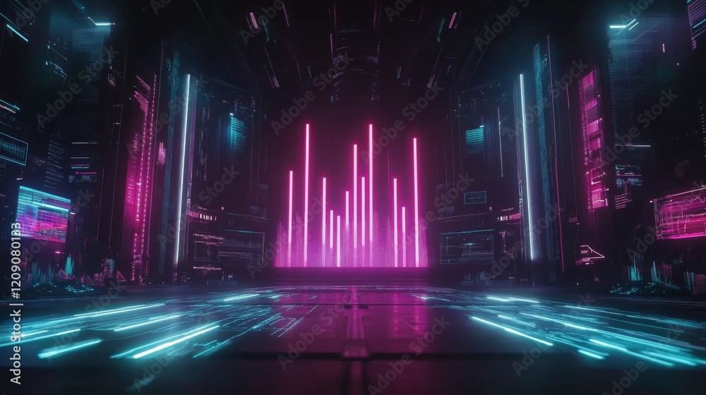 Poster A high-tech D bar chart with luminous bars arranged in a smooth, upward trend, set against a dark, futuristic financial dashboard