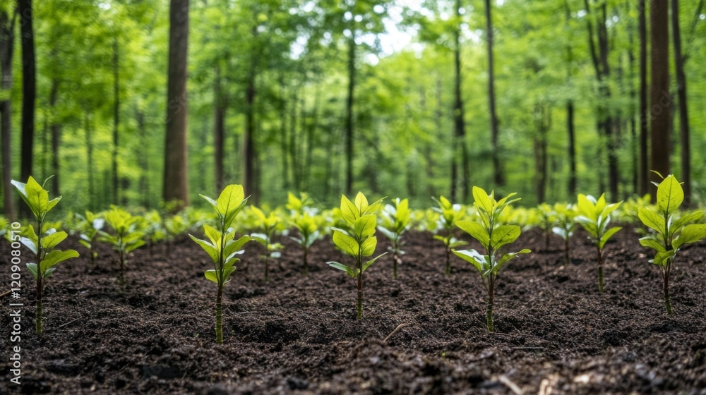 Poster a lush forest clearing with freshly planted saplings surrounded by older trees, showcasing the progr