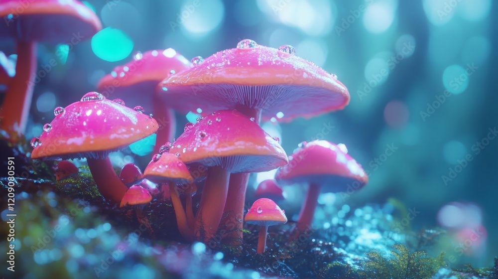 Poster a macro shot of a cluster of mushrooms on a damp forest floor, with clear water droplets enhancing t
