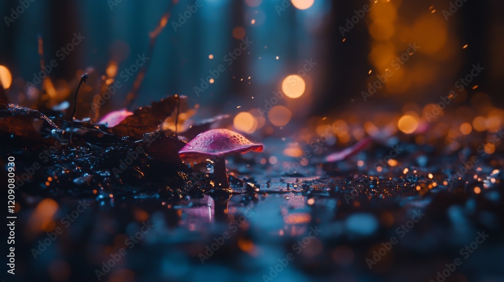 Poster a macro shot of a cluster of mushrooms on a damp forest floor, with clear water droplets enhancing t