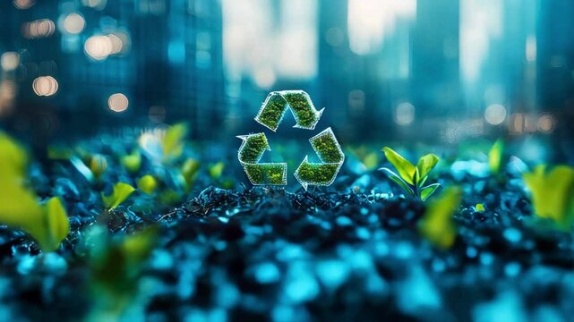 A recycling symbol consisting of glowing green dots located on a surface that mimics an electronic circuit or printed circuit board. Small green plants grow around it.