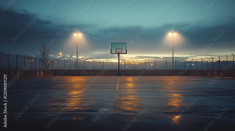 Poster a panoramic view of an empty basketball court at dusk, with streetlights illuminating the area and s