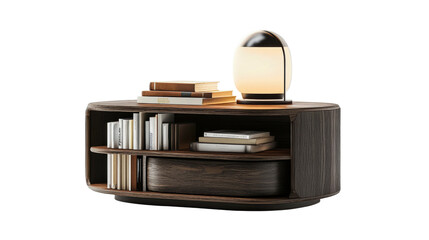 Modern wooden bookshelf with lamp and books arranged in a stylish interior setting isolated on transparent background