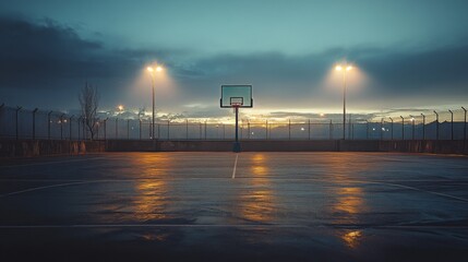 A panoramic view of an empty basketball court at dusk, with streetlights illuminating the area and shadows creating an atmospheric scene