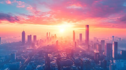 Fototapeta premium Aerial View captures a city at sunrise. The buildings are shrouded in a soft morning mist, with the sun creating a vibrant, colorful sky.
