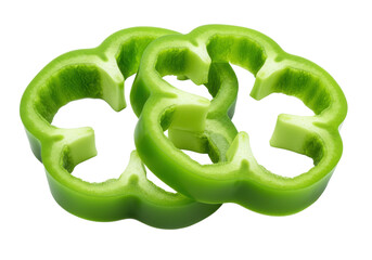 Three green bell pepper slices stacked slightly overlapping, isolated on white background