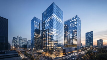 Cityscape Modern glass towers at dusk, urban highway, business district