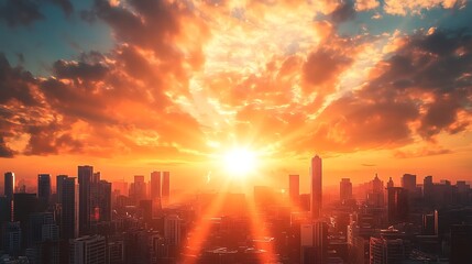 Obraz premium Breathtaking sunset paints the sky with vibrant oranges and reds casting a warm glow over a sprawling city skyline.