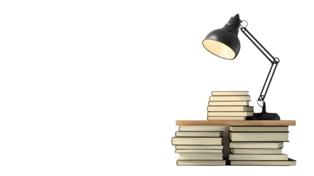 Stacked books under a desk lamp in a cozy study environment during evening hours isolated on transparent background
