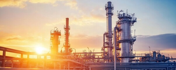 Silhouette of petrochemical plant or Oil and gas refinery in sunrise, Generative AI
