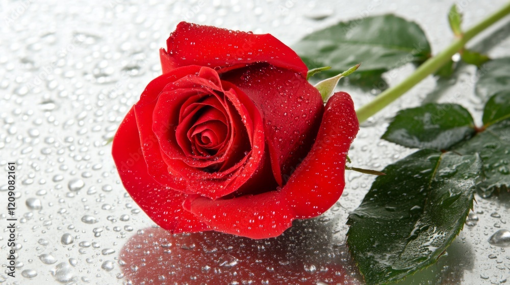 Poster a red rose lying on a wet glass surface with water droplets reflecting light, creating a dramatic an