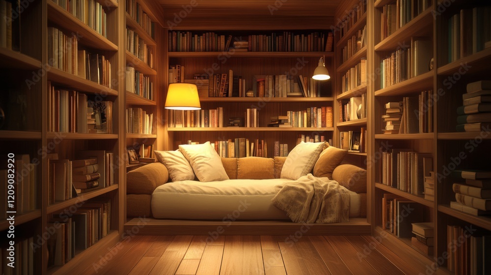 Aufkleber a serene hallway lined with bookshelves, soft lighting, and a comfortable reading nook at the end, c