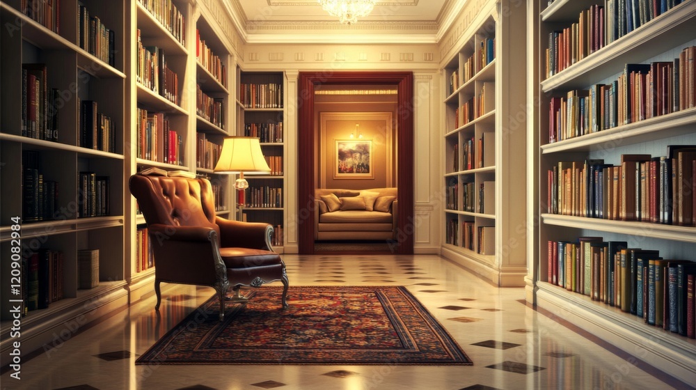 Aufkleber a serene hallway lined with bookshelves, soft lighting, and a comfortable reading nook at the end, c