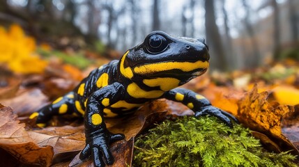 Fototapeta premium Fire salamander autumn forest closeup mossy leaves