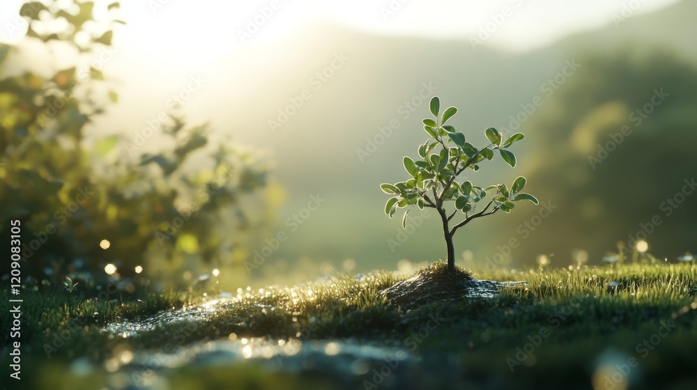 Poster a serene image of a freshly planted sapling in a peaceful meadow, with dew-covered grass and soft mo