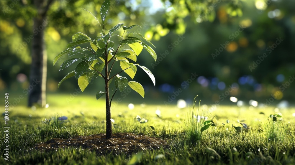 Aufkleber a serene image of a freshly planted sapling in a peaceful meadow, with dew-covered grass and soft mo