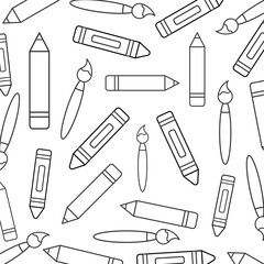 Seamless Pattern of Bright Outline Pencils and Paintbrushes for Creative Design Themes
