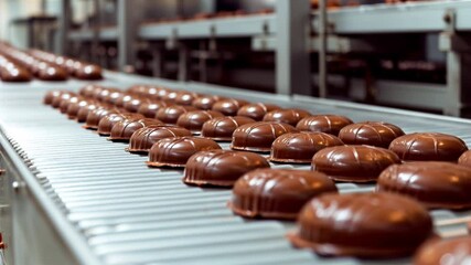 A modern confectionery factory showcasing an efficient chocolate candy production line equipped with a conveyor belt. Highlighting the industrial food processing and manufacturing concept.