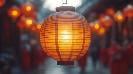 Illuminated paper lantern hanging amidst a blurred festive street scene.