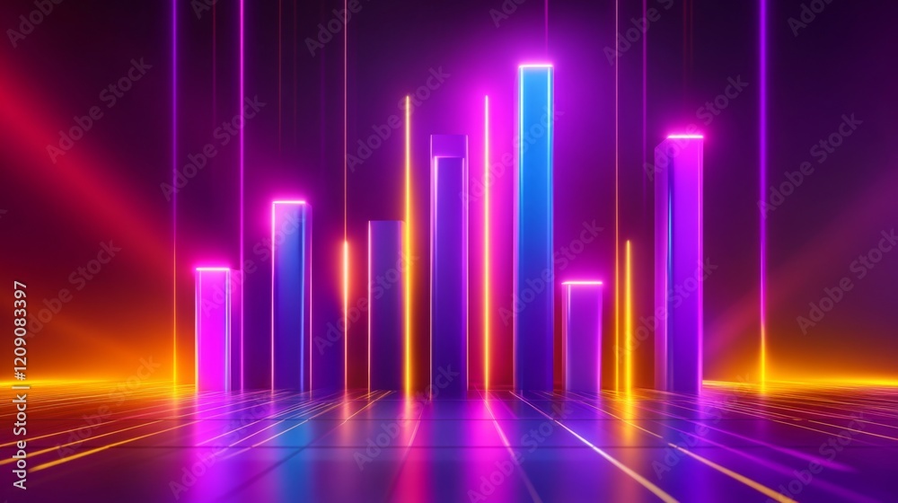 Poster a set of glossy d bars rising dramatically from a financial dashboard, with neon highlights and subt
