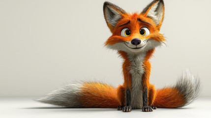 Obraz premium Adorable cartoon fox sitting, looking up, fluffy tail.