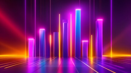 A set of glossy D bars rising dramatically from a financial dashboard, with neon highlights and subtle lighting effects to convey financial growth