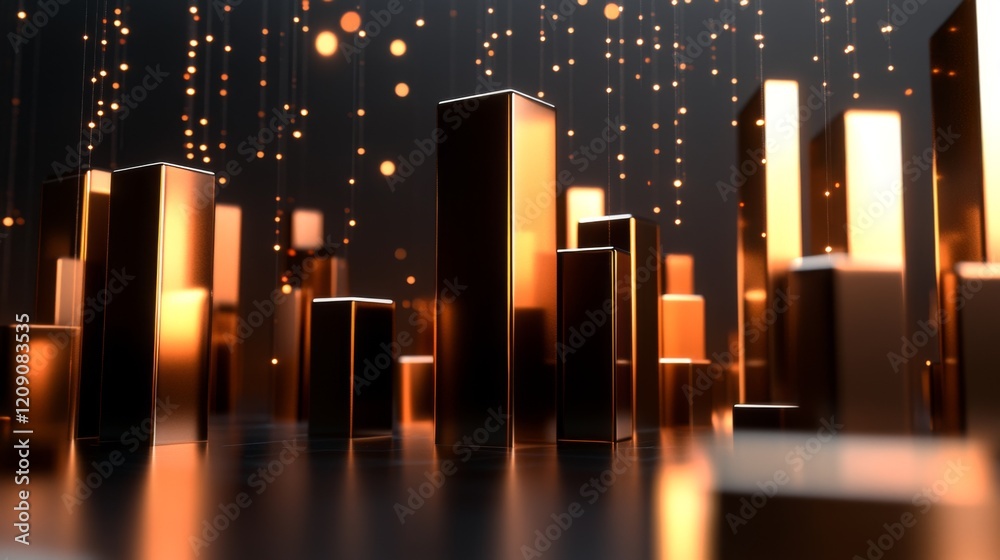 Poster A set of metallic D bars in a financial chart rising steadily in height, with a dark, futuristic background and glowing digital data points floating around