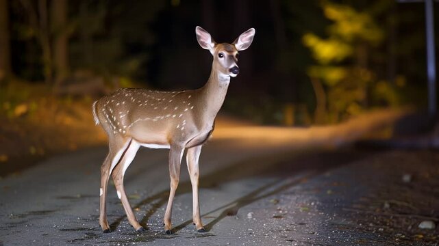 A mesmerizing night scene as a majestic deer is encountered on a quiet forest road, emphasizing the need for caution for wildlife and road safety in the tranquil setting.