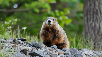A cute young raccoon standing in the forest with a brown fur coat and a white mask, resembling a small wild mammal