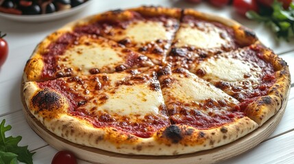 Delicious cheese pizza sliced table background