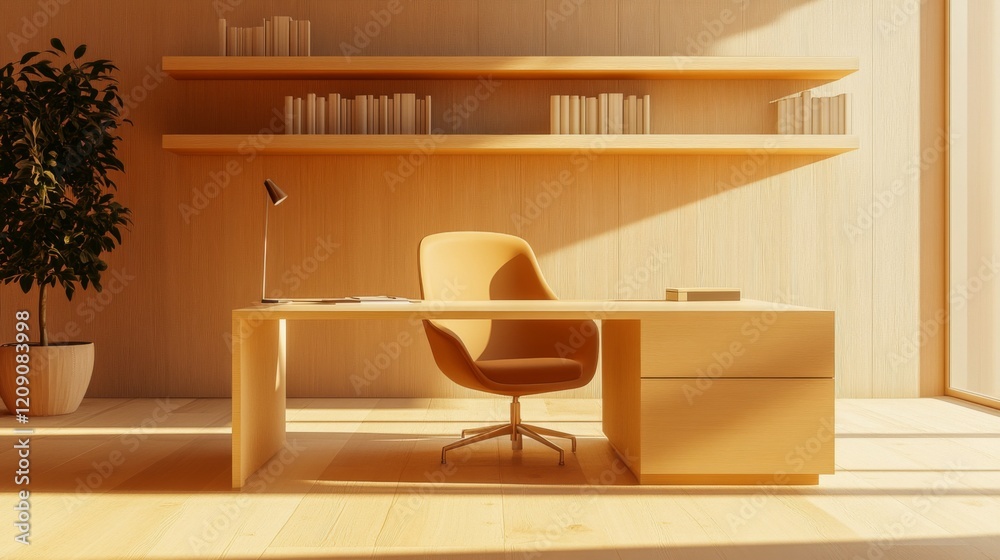 Poster a spacious minimalist office with a large desk, a simple chair, and a few books neatly arranged, all