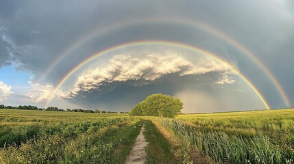 Double rainbow over rural field path, storm clouds, nature photography