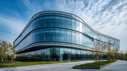 Fototapeta premium Modern glass office building exterior, urban landscape, sunny day, corporate real estate