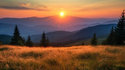 Obraz premium Sunset mountain meadow landscape, golden hour scenic view, picturesque summer background for travel posters