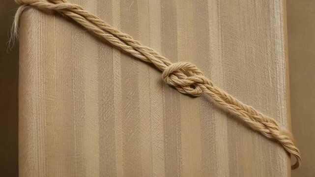 Zoom in side light video, the camera zooms on the texture of corrugated cardboard used to wrap a gift, tied with a simple jute string against a brown paper background