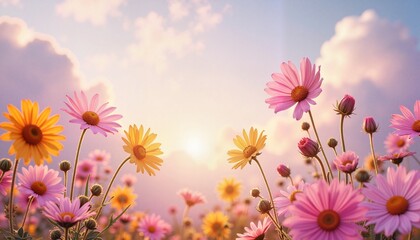 A Stunning Display of Vibrant Flowers Blooming Under the Glorious Morning Sunlight in Springtime
