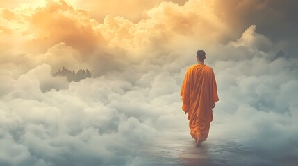 Monk's Meditative Journey Through the Ethereal Cloudscape Towards Enlightenment