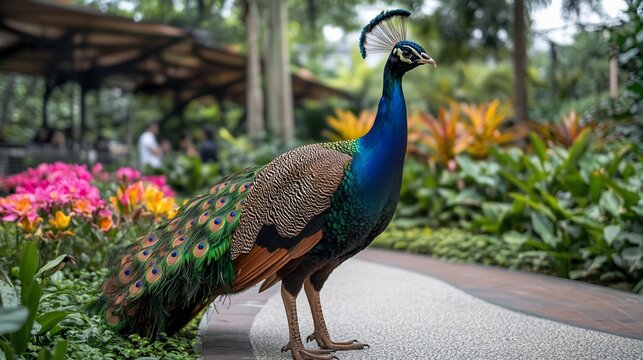 Peacock struts garden path, vibrant flowers, tropical background, nature tourism