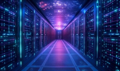 Fototapeta premium IT Engineers and Technician discussing technical problem in server room with data connection visual effect ., Generative AI