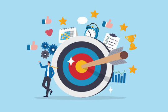 Goals setting, target achievement, focus on success outcome, planning to reach target bullseye, measurable result or clarity motivation concept, businessman with target bullseye and goal elements.