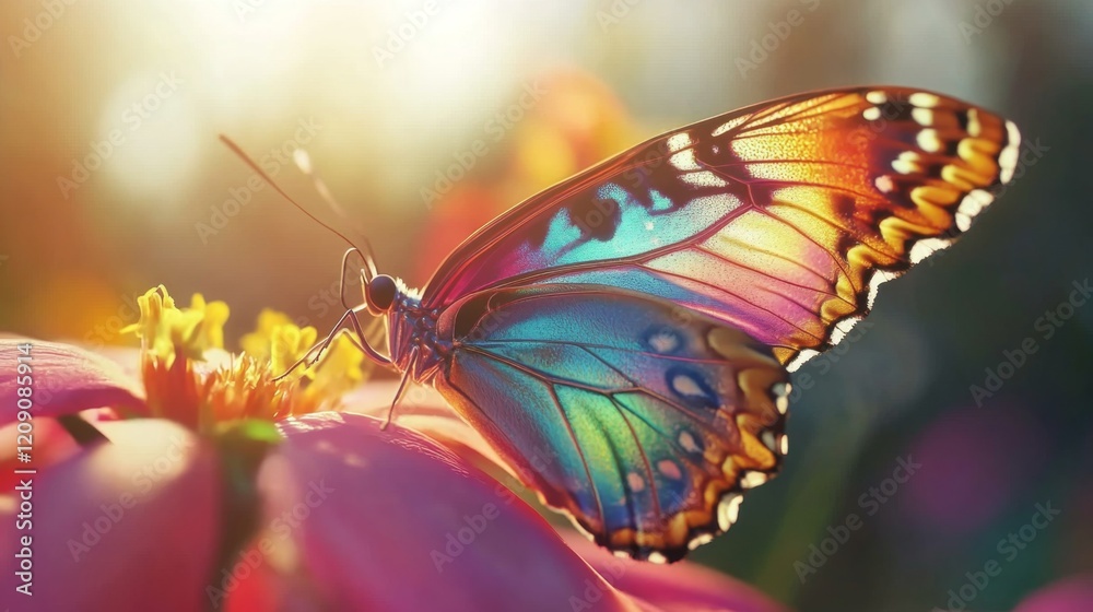 Poster A vibrant macro shot of a colorful butterfly resting on a flower, highlighting its delicate wings and intricate patterns in bright sunlight
